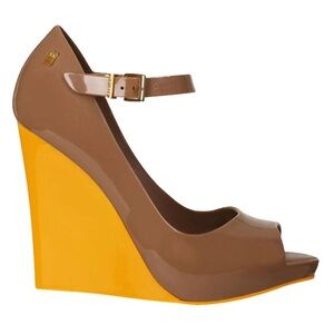 Melissa Taupe Prism Women's Color Block Wedge Shoes in Toffee Yellow - size 9